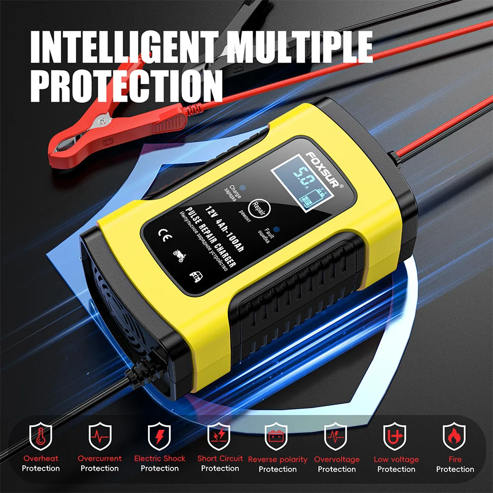 

FOXSUR Автомобильное зарядное устройство, автоматический умный импульсный ремонт для свинцово-кислотных AGM гелевых аккумуляторов, ЖК-дисплей, 12 В, 5 А, вилка европейского стандарта