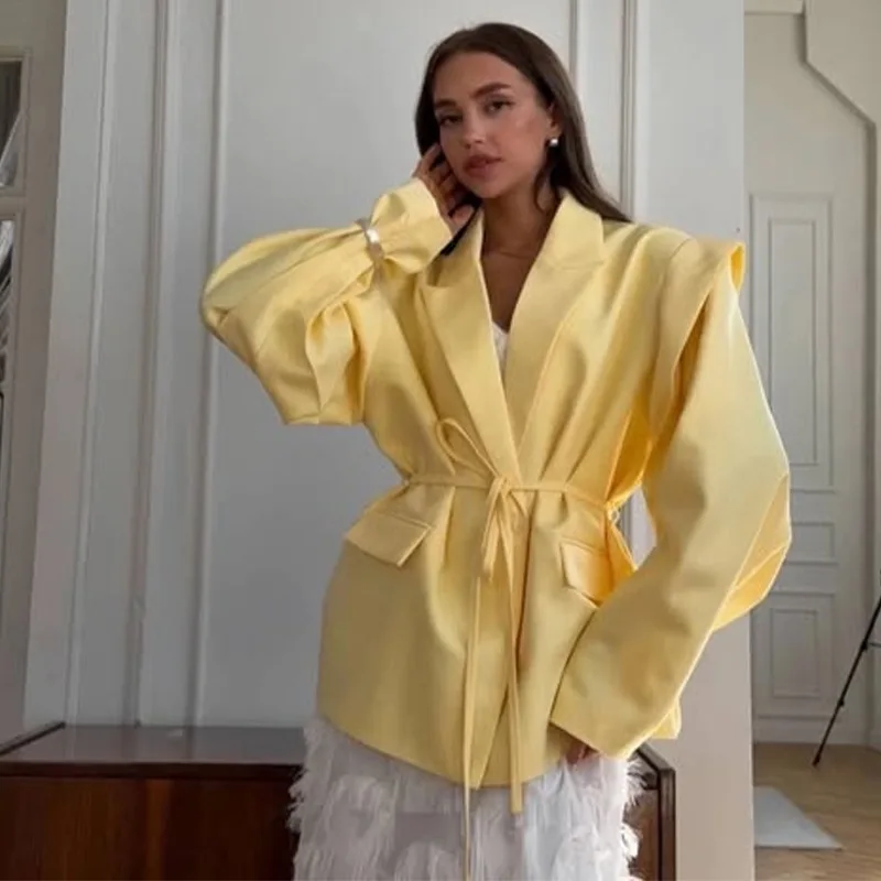 الصلبة التلبيب سترة للنساء كبيرة الحجم محززة واحدة الصدر منصات الكتف الستر 2025 مكتب سيدة كم طويل بلايز