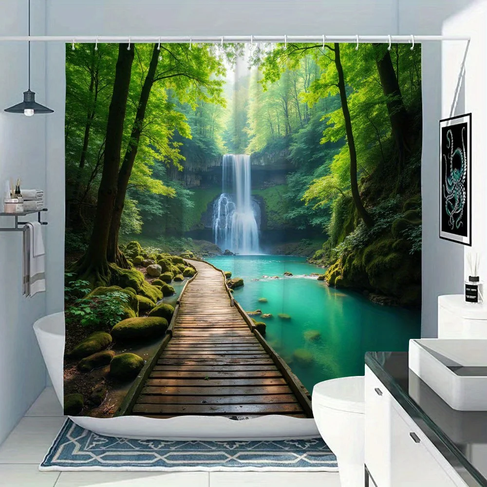 Transform Your Bathroom with this Waterproof Shower Curtain Featuring a Serene Forest Waterfall for Relaxation