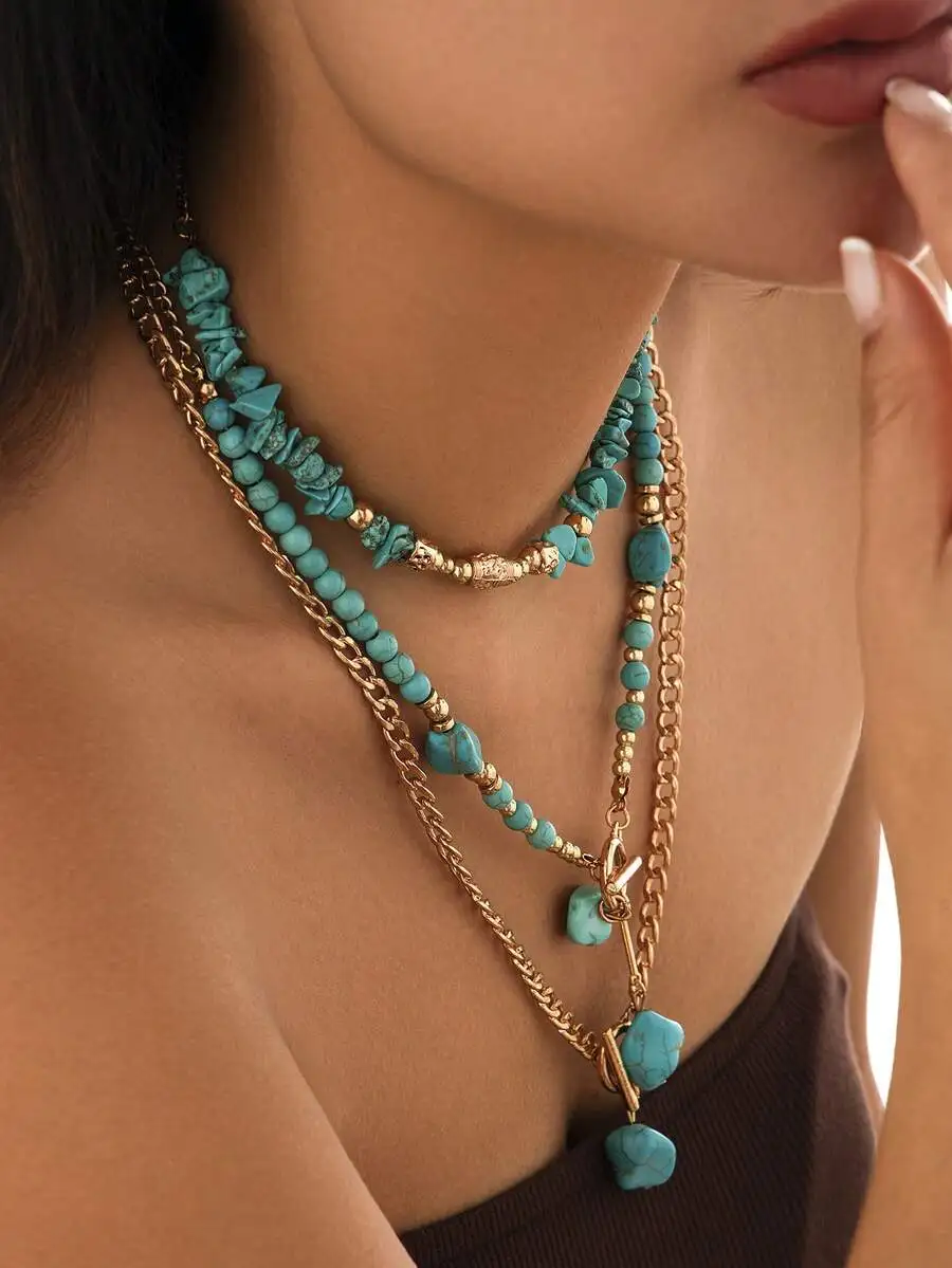 Bohemian Style Turquoise Beaded Layered Necklace Set For Women