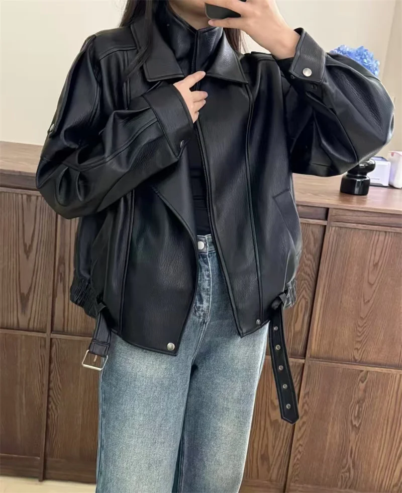 Guobioziy 2026 Fall New Women's Jacket 2026 Fall New Release Loose Faux Leather Biker Jacket Parka European and American Style