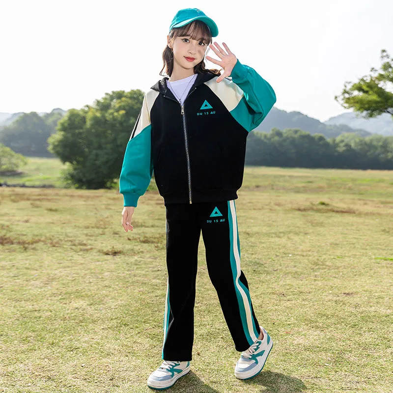 

Осень 2024, детский спортивный костюм для девочек, контрастные спортивные куртки на молнии для девочек начальной школы + полосатые спортивные штаны, спортивный костюм для школьниц