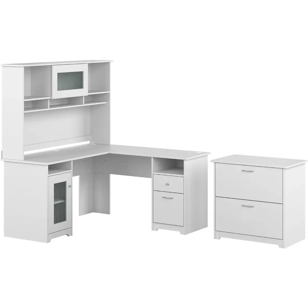 

60W L Shaped Computer Desk with Hutch and Lateral File Cabinet in White