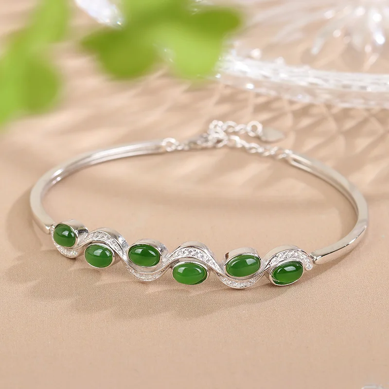 

S925 Sterling Inlaid Hetian Natural Jasper Gold Plated Women'S Silver Bracelet
