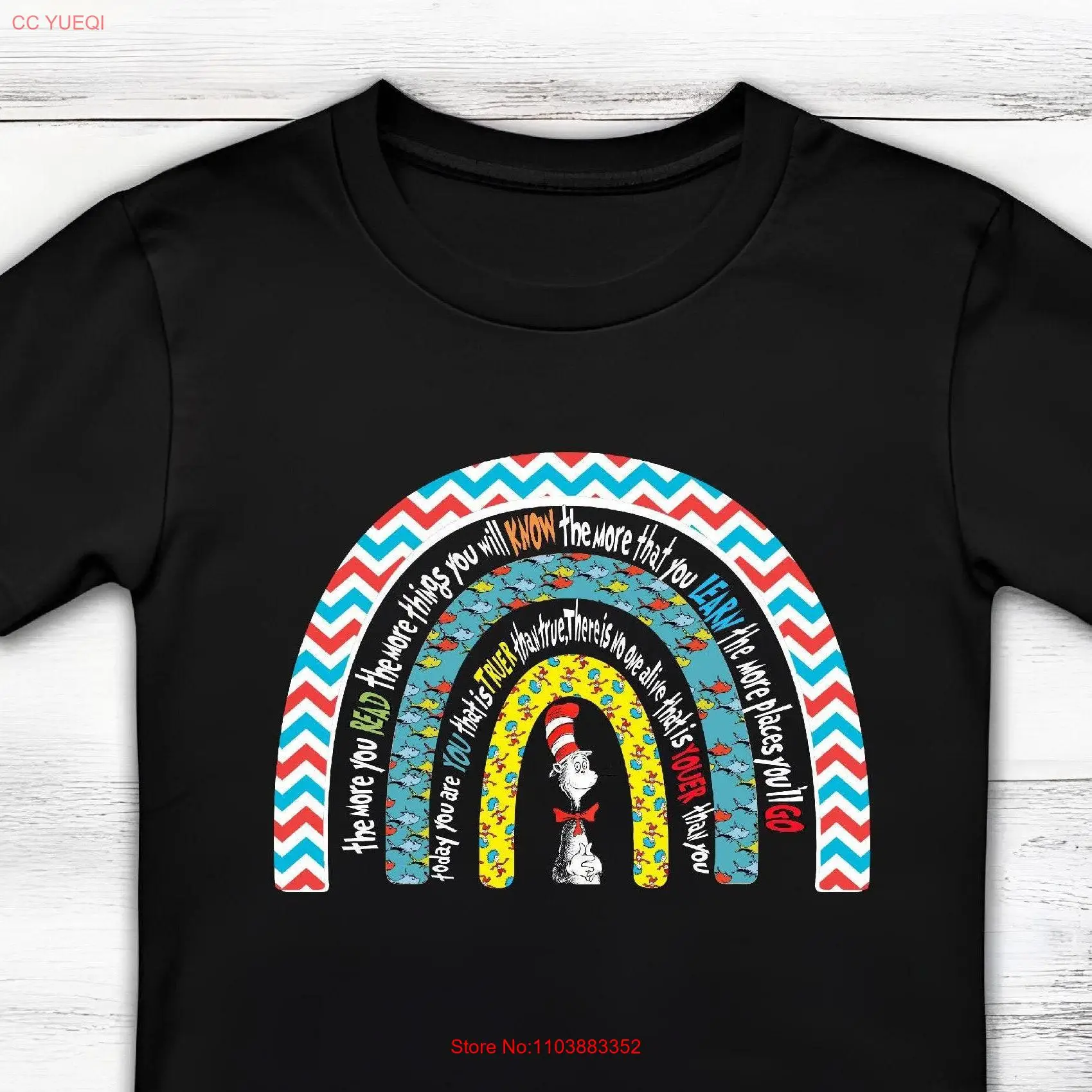 Футболка «Больше, вы читаете вещи будут знать», «Доктор Сьюз», любитель книг, молодой читатель, «Неделя чтения в национальном стиле», Радуга