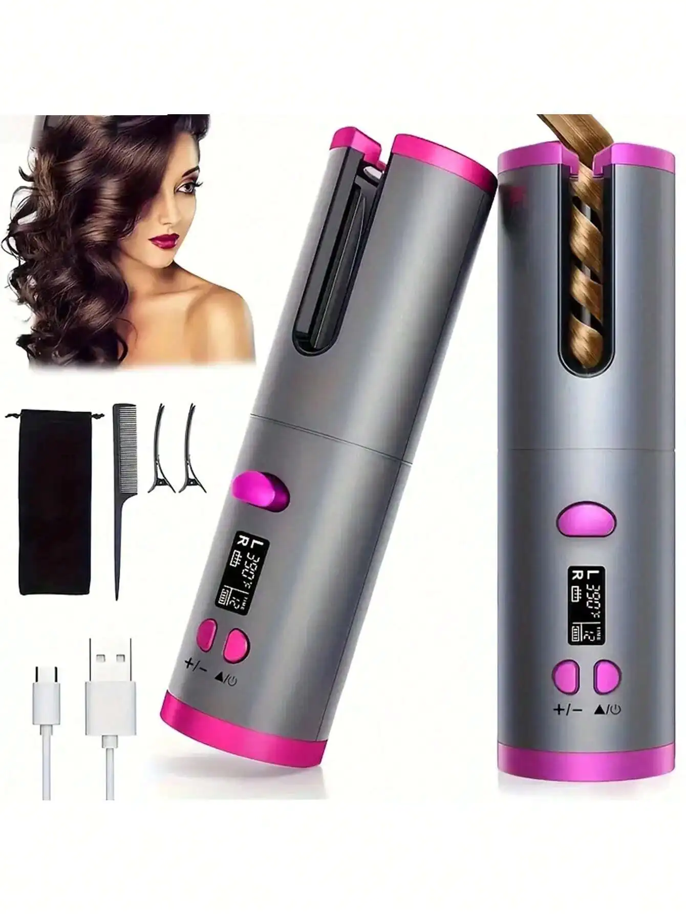 

Cordless Automatic Hair Curler With Ceramic Rotating Barrel, 6 Temperature And Timer Settings, Portable And Rechargeable, Fast H