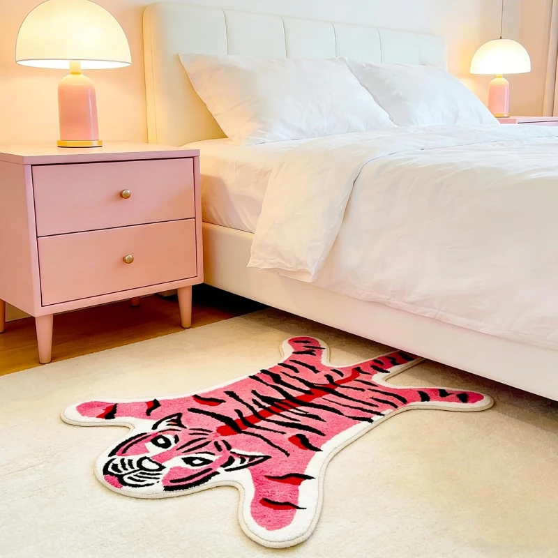 

Bedroom Carpet Non-slip Soft Comfortable Floor Mat Cute Pink Cartoon Tiger Pattern Rug Irregular Shaped Home Decorative Mats