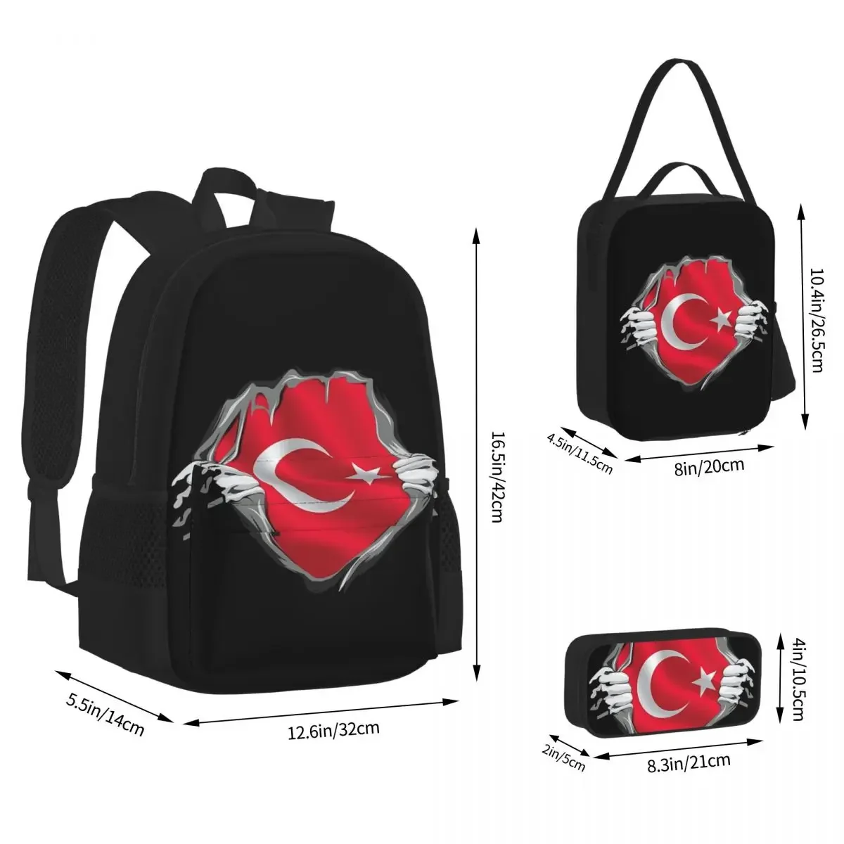 Mochilas con bandera de la República de Turquía para niños y niñas, mochila escolar para estudiantes, bolsa de almuerzo, bolsa para bolígrafos, juego de tres piezas