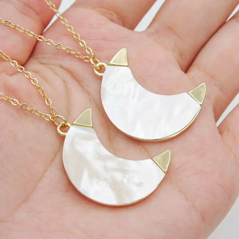 

White Shell Shape Crescent Moon Gold Color Chain Necklace Boho Witch Copper 18+2inch Jewelry