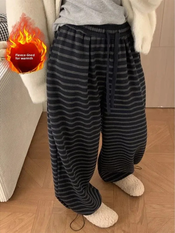 

Casual Fce-lined Striped Wide-leg Pants Loose Fit Slimming Comfortable Winter Trousers for Plus-size Women