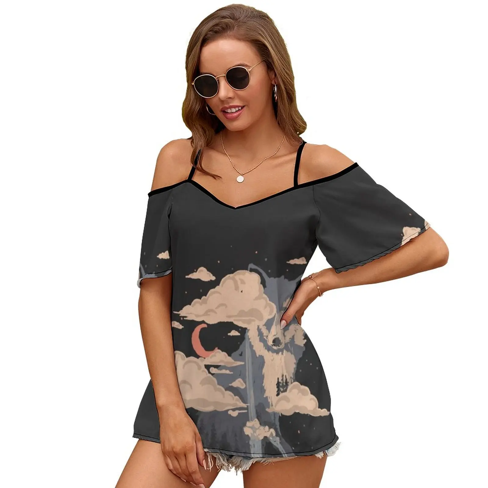 At The Foot Of Fox Mountain... Women Short Sleeve Tops O-Neck Hollow Out Shoulder Strap Tees Streetwear Ndtank Nature Wild