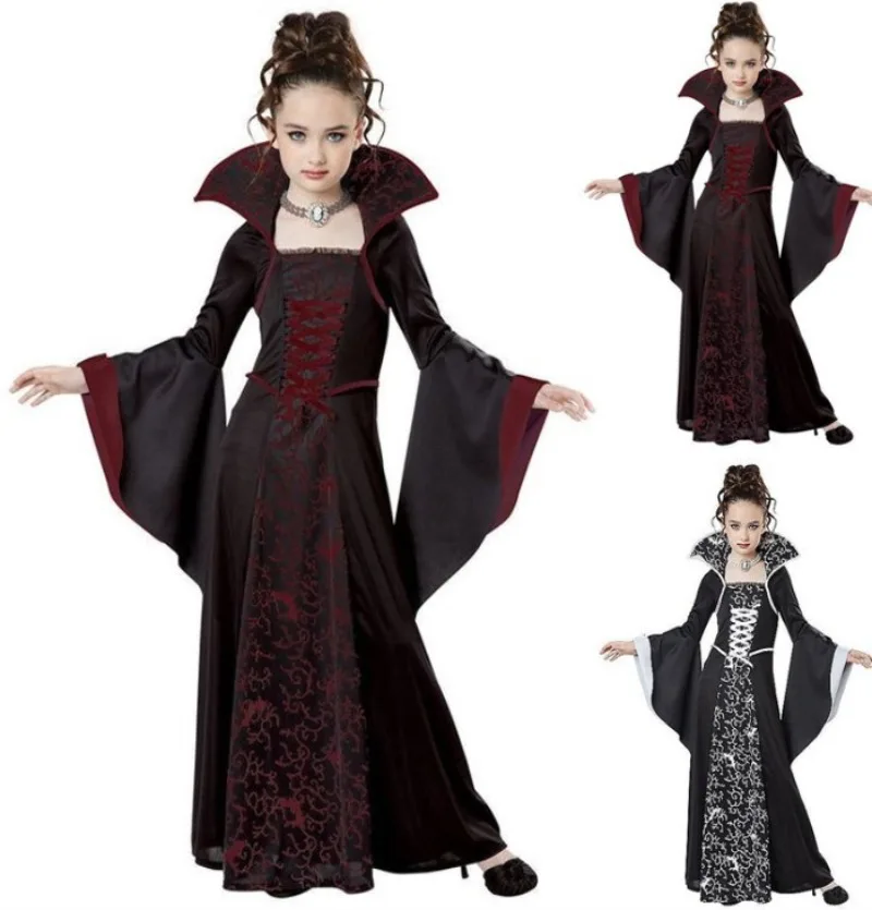 Medieval Cosplay Vampire Witch Dress Halloween Costumes for Kids Girls Middle Ages Carnival Party Performance Long Hoody