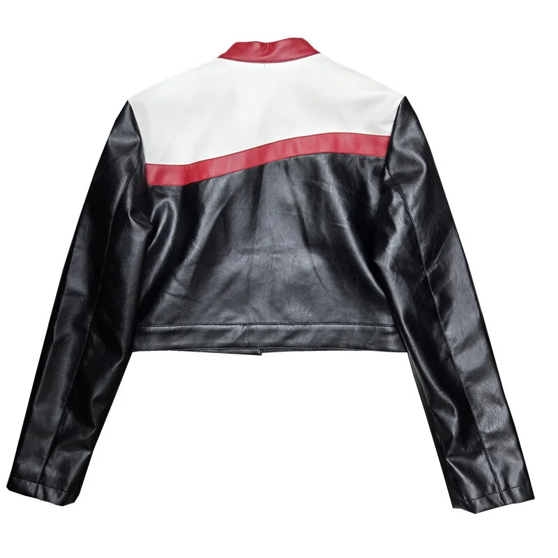 Kurtka damska skórzana w stylu baseballowym HKSH na wiosnę i jesień, kontrastowe kolory, patchwork, motocyklowa, krótka kurtka, zapinana na zamek, panelowa, model HK12774