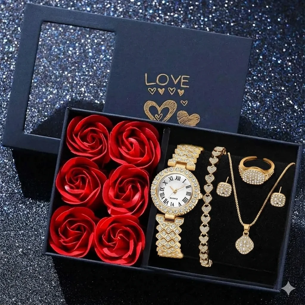 6PCS/SET Luxury Trendy Fashion Roman Digital Scale Quartz Watch Bracelet Necklace Earrings Set Perfect Gift for Friends or Moms