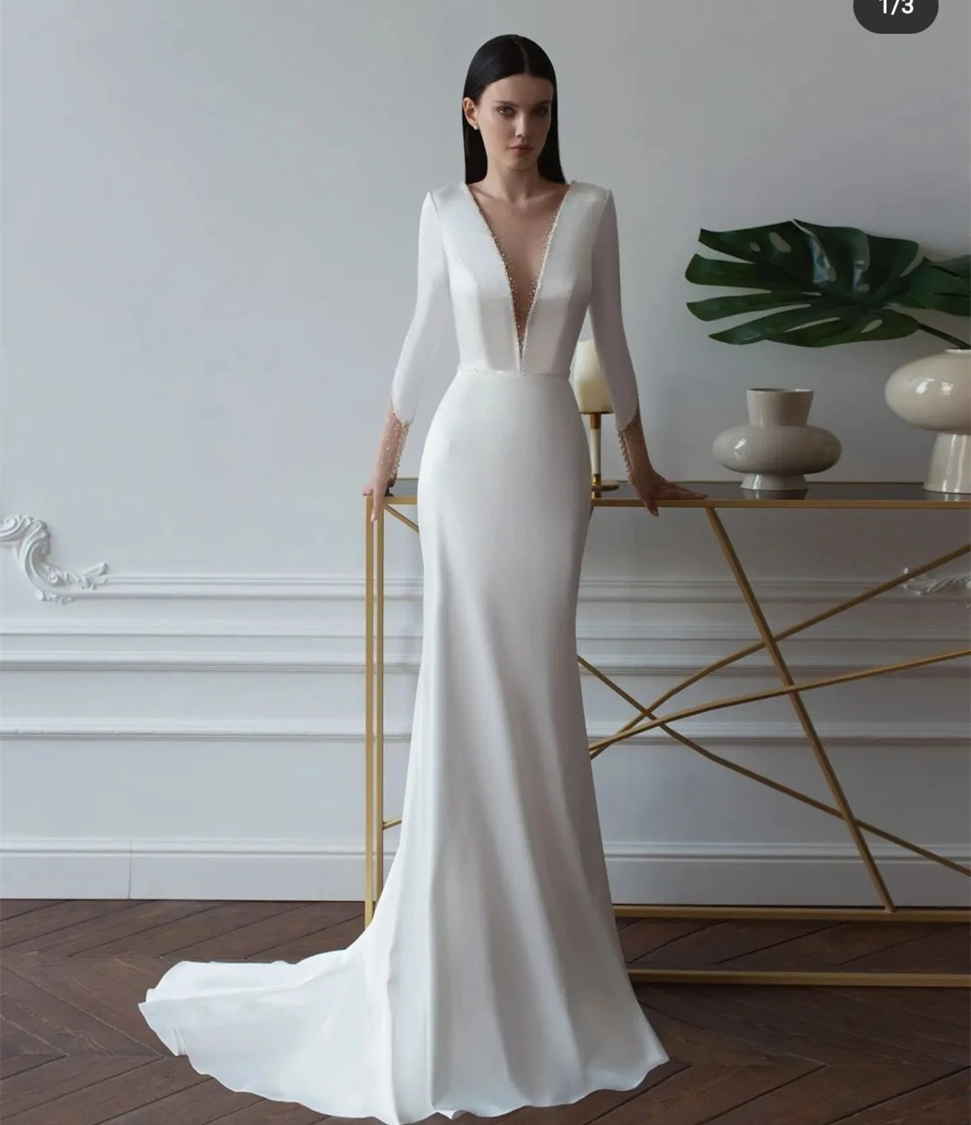 Robe de mariée en satin à col en V profond pour femmes, simple, manches 3/4, dos nu, patients sirène, quel que soit le train de balayage, mariées, quel que soit le blanc, nouveau