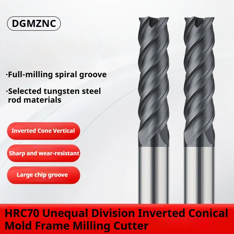HRC70 Tungsten Steel Unequal Spiral Groove 4Flutes Inverted Cone Frame Milling Cutter Extended End Mill for CNC Precision Mill