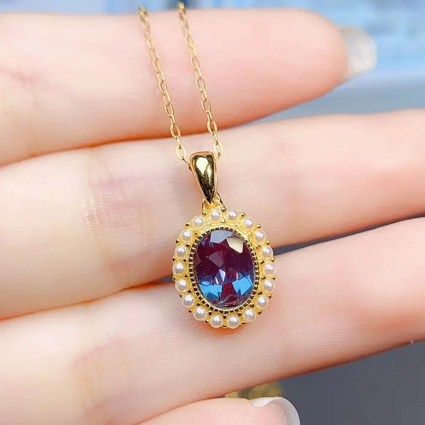 

Oval 6x8mm Alexandrite Pendant Necklace With Pearl 925 Silver Color Change Gemstone June Birthstone Birthday Anniversary Gifts