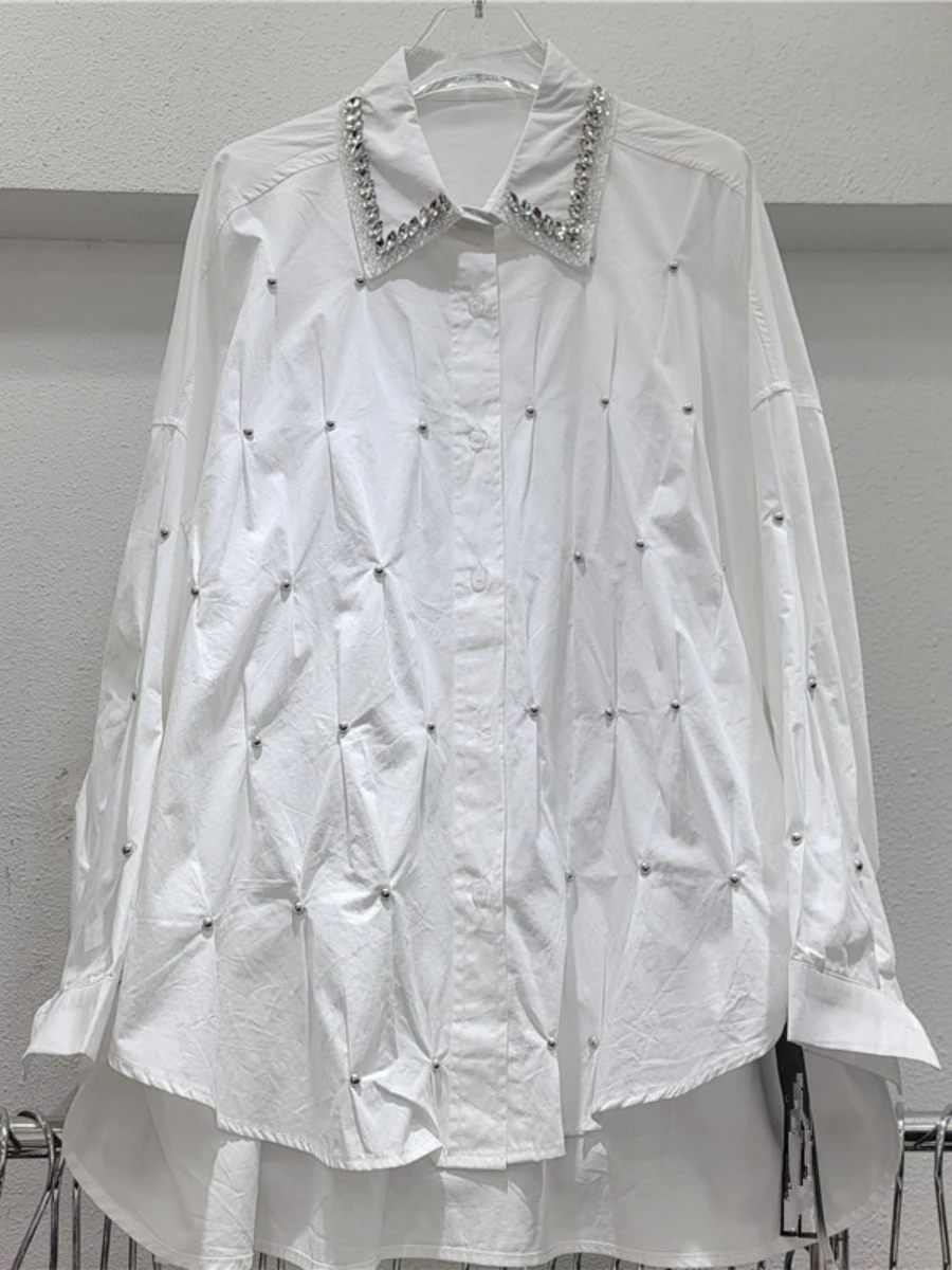 Galcaur sólido emendado contas camisa casual feminino lapela manga longa solta luz de luxo camisas femininas outono moda roupas novas