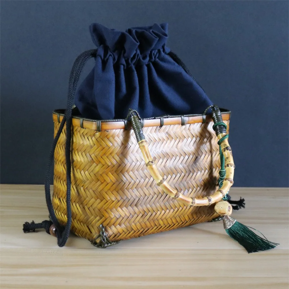 Handmade Bamboo Woven Handbag for Women Chinese Style Small Square Bag With Decorative Pendant Yellow Red Ladies Retro Handheld