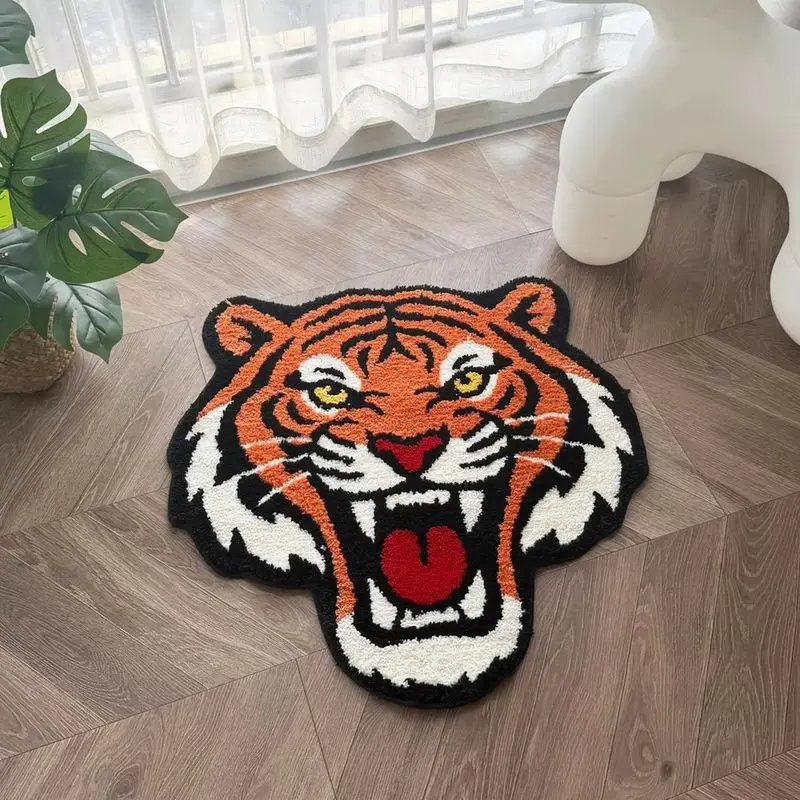VIKAMA Tiger Head Shaped Rug Wild Animal Non Slip Soft Shaggy Floor Mat Living Room Bedroom Decor Soft Plush Rug Washable Mat
