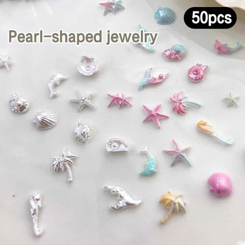 50Pcs Summer Nail Art Rhinestones Ocean Nail Charm Shell Starfish Conch Sea Series 3D Beach Nail Design Accessories Manicure DIY