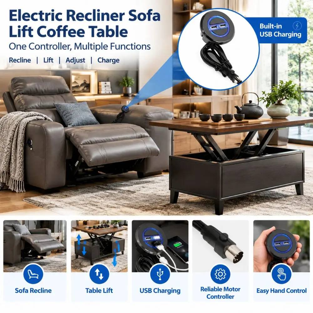 ABS Recliner Hand Controller Embedded USB Charging Port Electric Powered Electric Sofa Replacement Hand Control Black