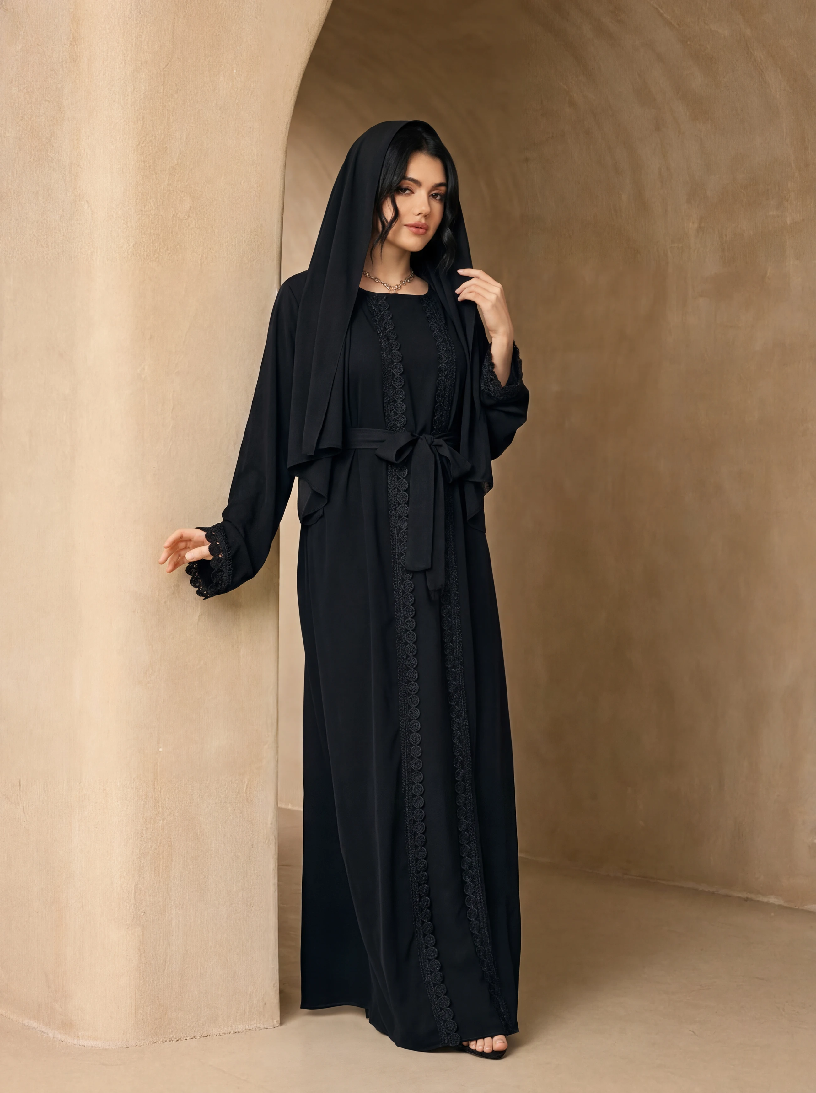 Black Lace Panel Open Abaya 3p - Abaya Modest Wear 评论和价格
