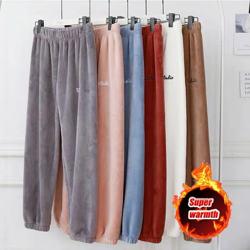 Women\'s Winter Pajamas Leisure Home Pants Thickened Warm Women\'s Pants Facecloth Pants Pajama Pants Coral Fleece Leisure