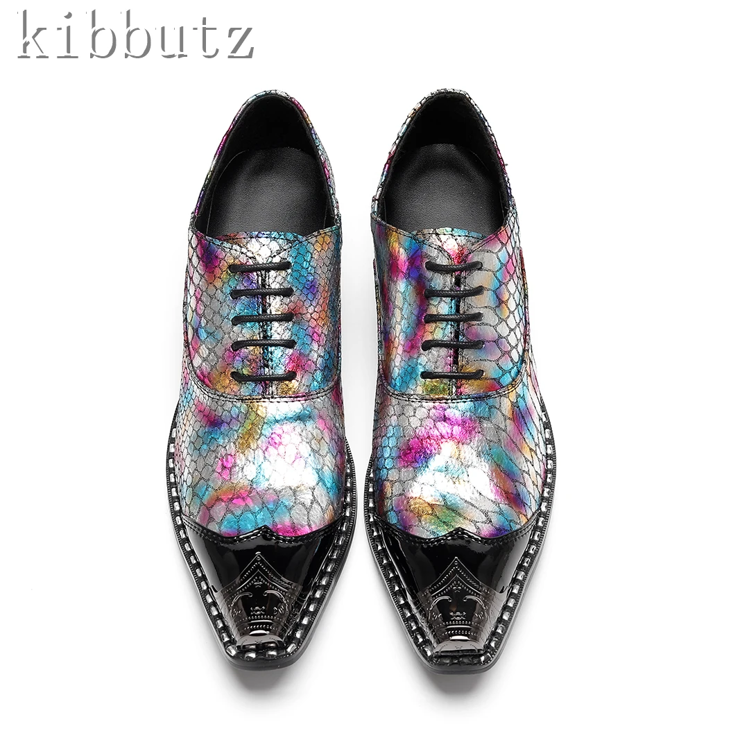 Men New Color Snake Pattern Dress Shoes Metal Pointed Toe Lace Up Oxford Shoes Genuine Leather Wedding Dress Shoes Formal Shoes