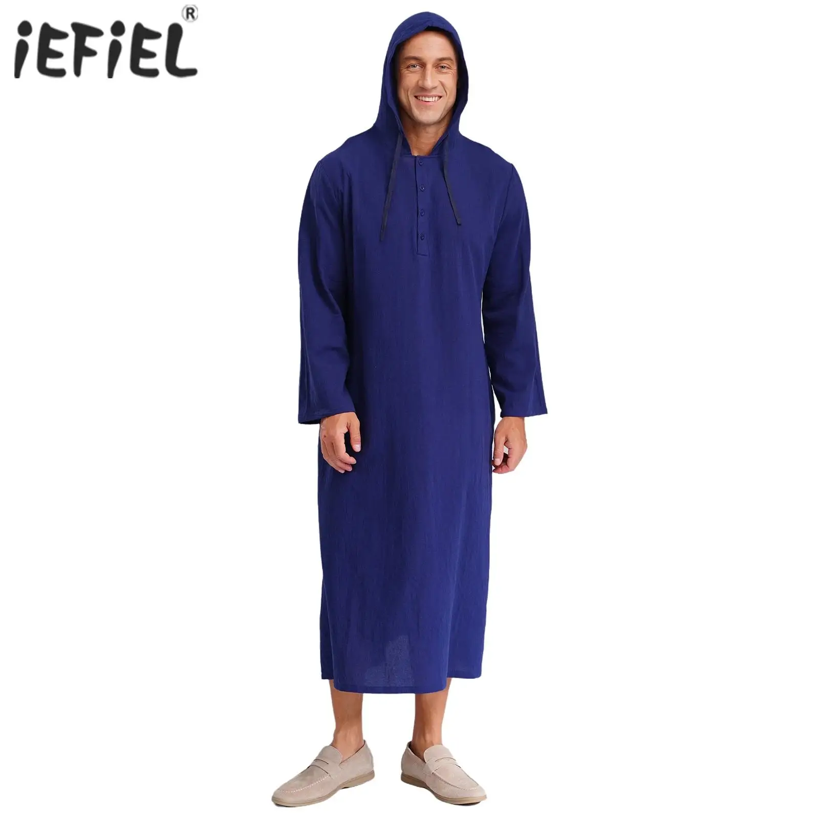 

Mens Linen Muslim Robe Hooded with Pocket Long Sleeves Buttons Long Gown Loose Gown Middle East Islam Arabic Thobe Shirt Dresses