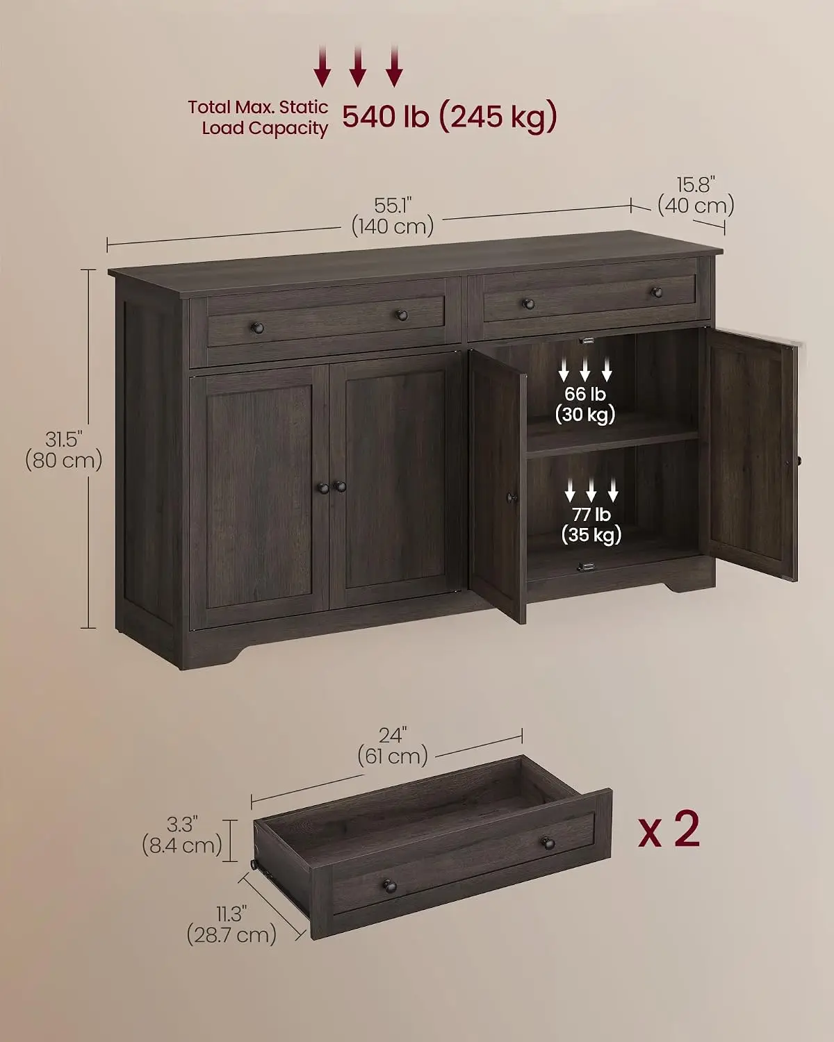 Siren Collection - Buffet Cabinet, Farmhouse Coffee Bar Cabinet with 2 Drawers, Adjustable Shelves, 4 Doors, Sideboard, 15.8 x 5