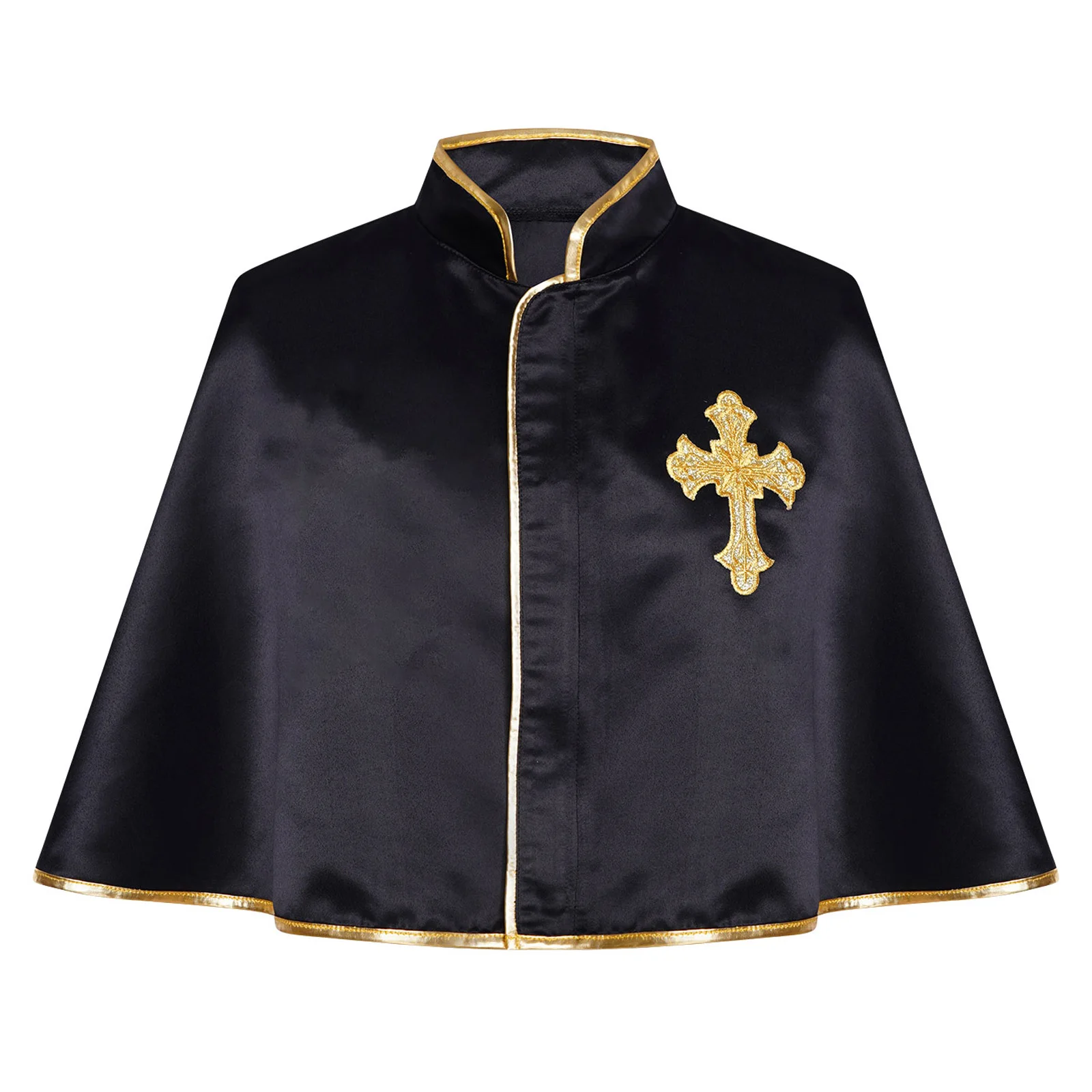

Men Priest Cropped Cape Halloween Christian Mini Coat Stand Collar Embroidery Gold Trim Shawl Churchman Liturgical Worship Dance