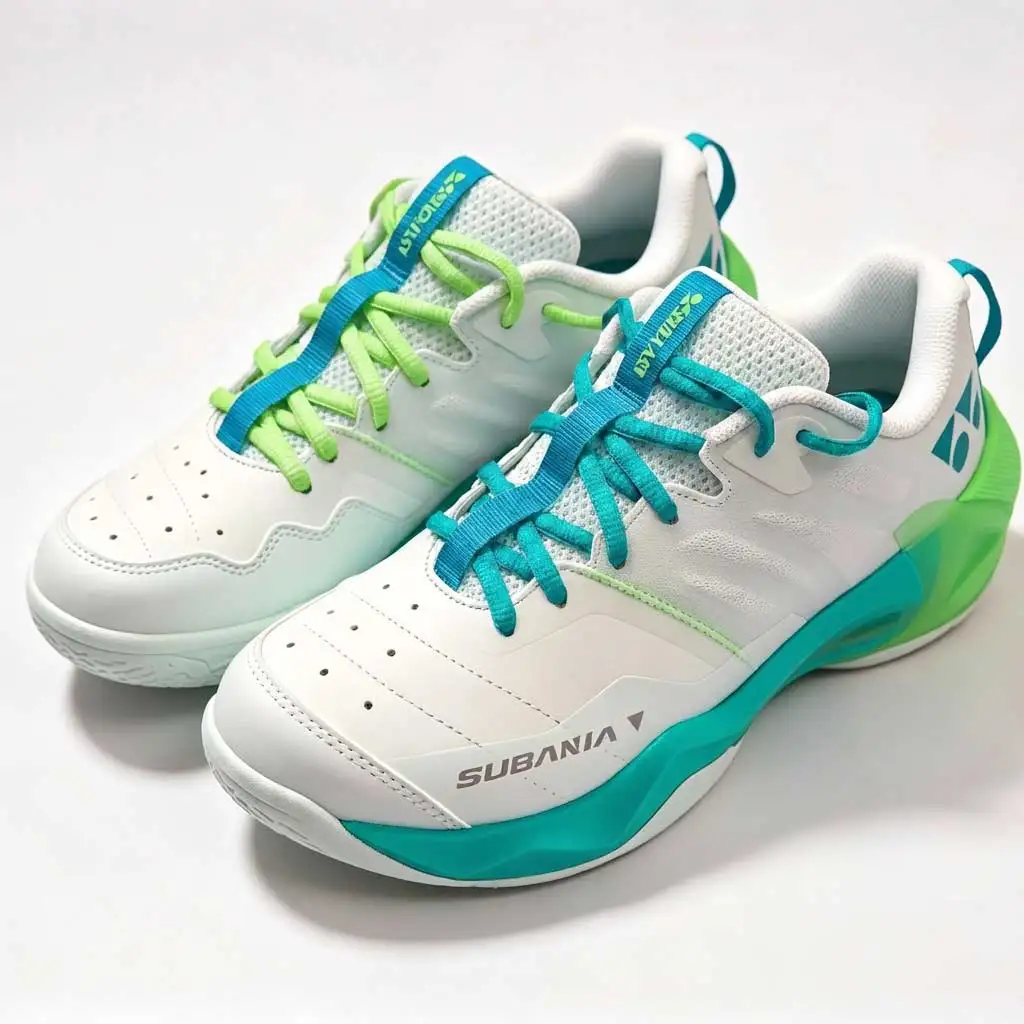 tenis-de-badminton-subaxia-gt-verde-fluorescente-com-cadarcos-em-meio-circulo-equipamento-de-badminton-combinando-cal
