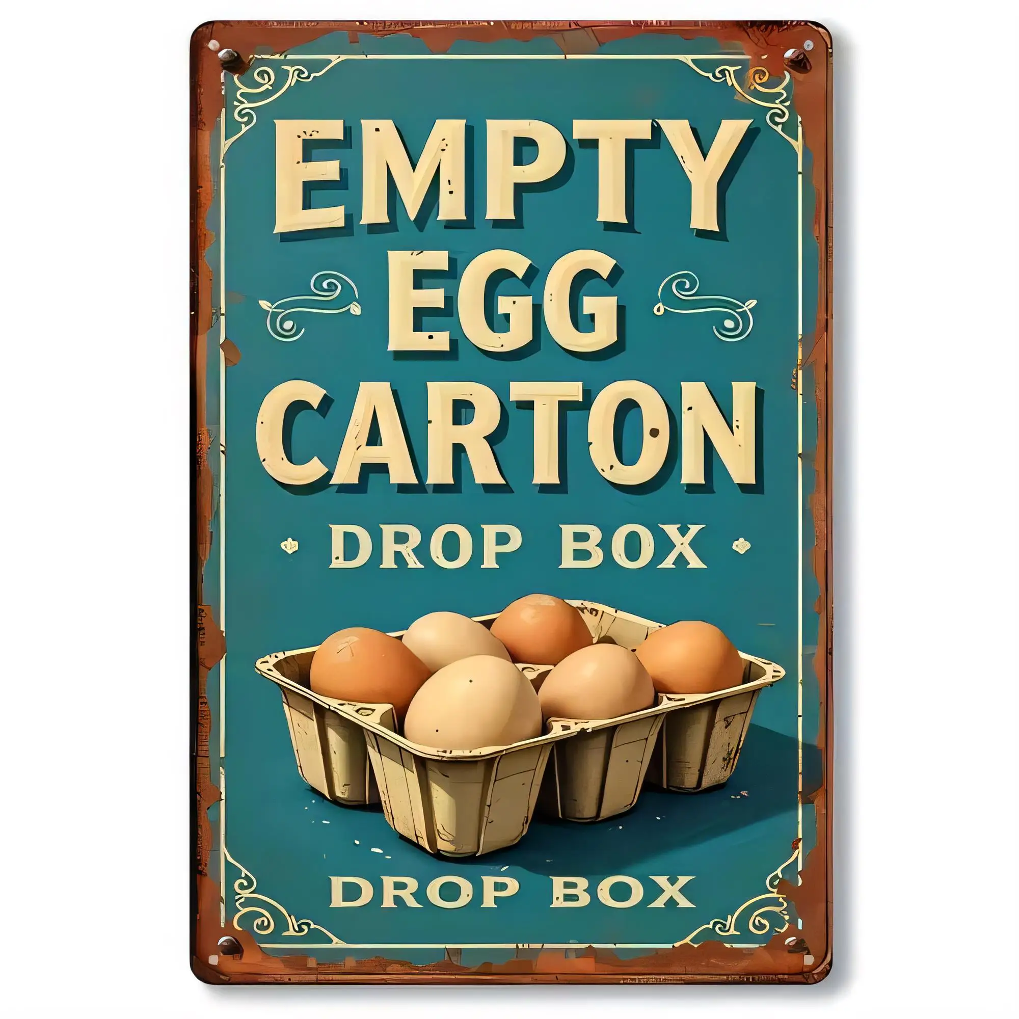 Empty Egg Carton Drop Box Tin Sign, Vintage Farm Chicken Kitchen Wall Decor, Rustic Metal Plaque, Farmhouse Egg Collecting Poste
