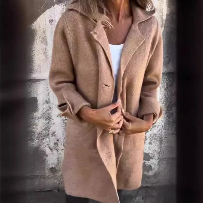 Abrigo informal Vintage para mujer, prendas de vestir exteriores, Otoño Invierno, color sólido, solapa de manga larga, abrigos de longitud media, cárdigan, chaquetas de oficina para mujer
