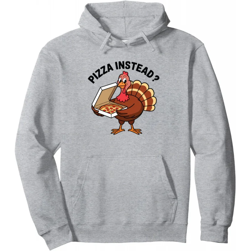 Interesting Thanksgiving Hoodie with Turkey Talking and Eating Pizza Pattern Design Grey Hoodie