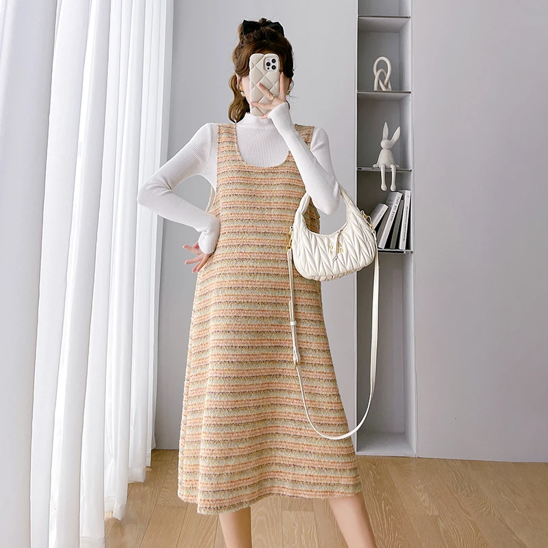 Autumn and Winter Pregnant Woman Clothes Set Long Sleeve Shirts Striped Woolen Sundress Twinset Fashion Maternity Dress Suits