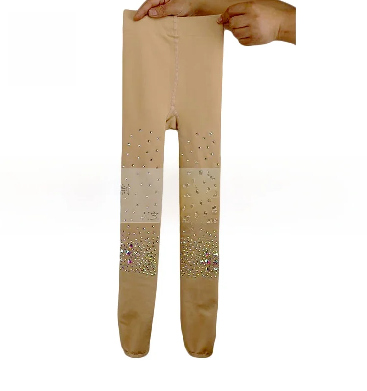 VALEVA Professional Children's Figure Skating Tights Base Layer Pants Skin Color Black Two Thicknesses Hand Sewn Rhinestones