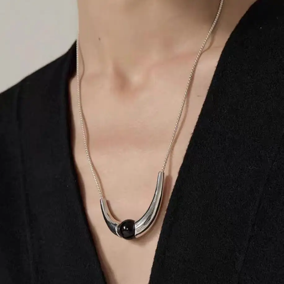 Brass Natural Black Jade U Shape Necklace Women Jewelry Punk Party T Show Gown Runway Korean Japan INS