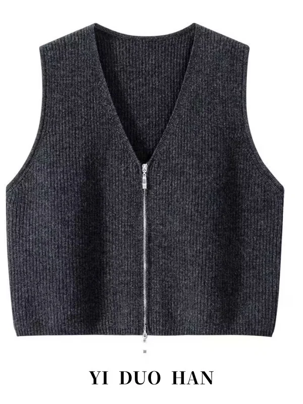 Short Zipper Knitted Cardigan Vest Women's Spring Outerwear V-Neck Sweater Base Layer Shoulder Pad Warm Commute Style