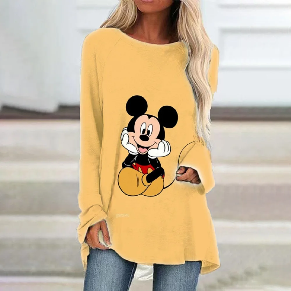 2024 Autumn Hot Sale New Mickey Minnie Cartoon Women's Round Neck Loose Long Sleeve Pullover T-shirt Versatile Casual Top y2k