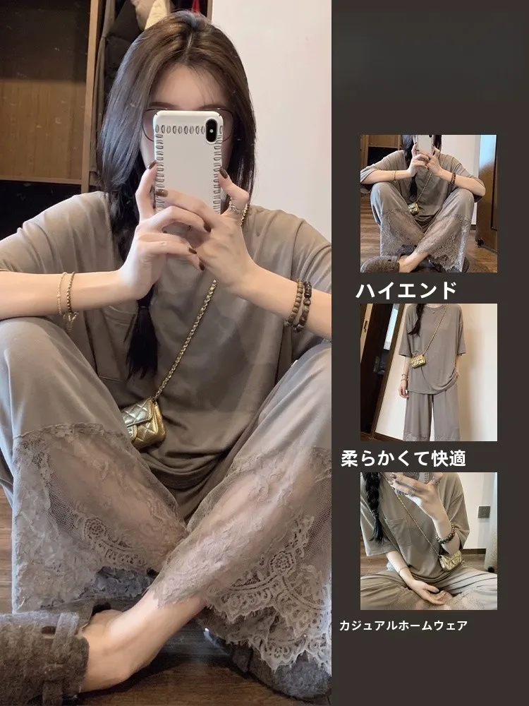エレガントなモーダル夏用パジャマ女性用レーススプライシング半袖長ズボンホーム服通気性のあるアウトウェア快適なホーム服