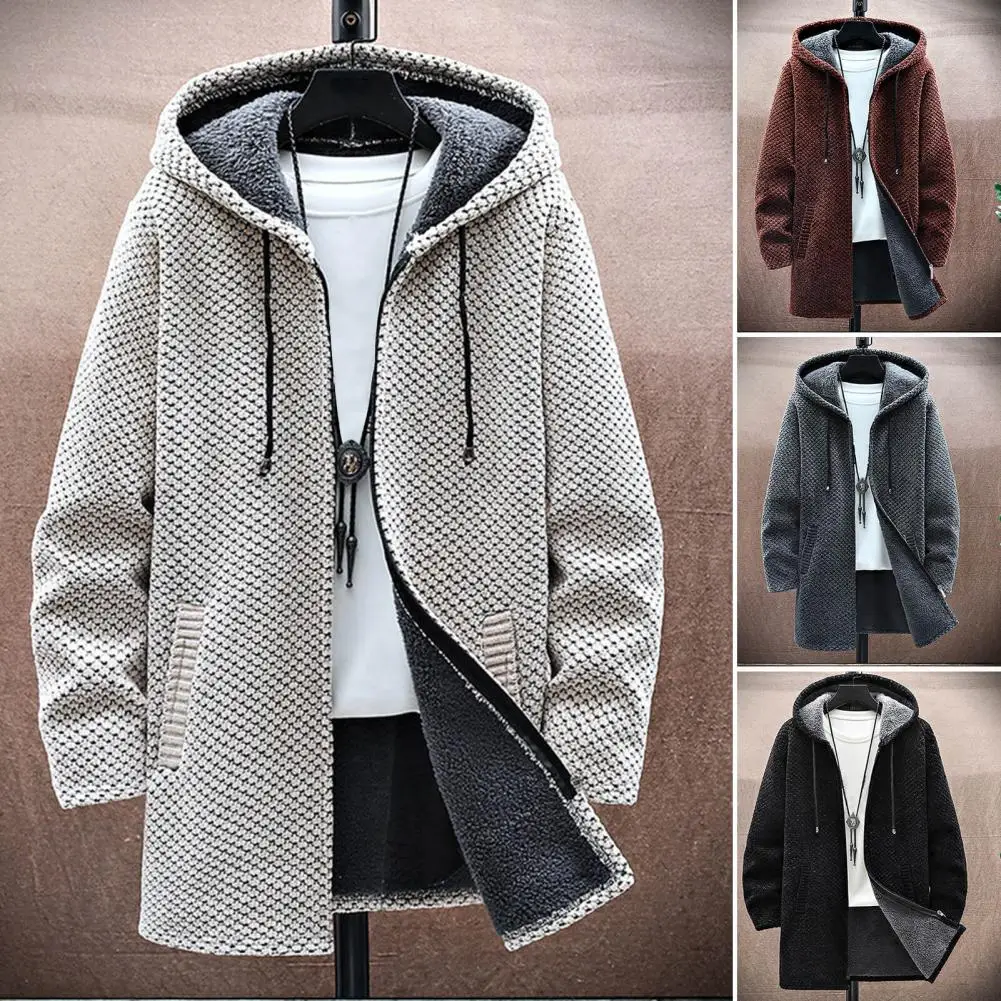 

Autumn Winter Hooded Sweater Thicken Long Sleeve Drawstring Men Overcoat Plush Lining Mid-Length Knitting Jacket Streetwear