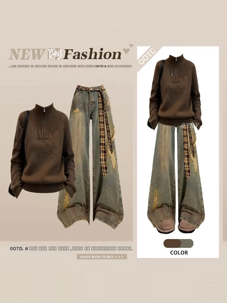 

Korean Retro Sle Women's Faion Set Loose Fit Denim High Waist Wide Leg Jeans Zipper Sweater Hole Design Spring Initial Wear