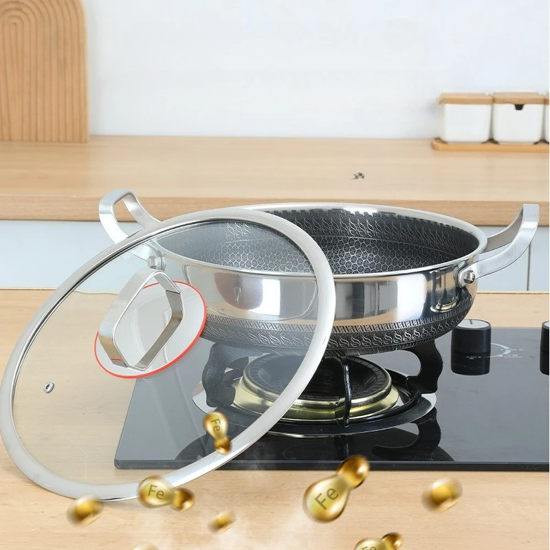 

Double Ear Frying Pan Stainless Steel Stew Pot Pancake Baking Tray with Lid Induction Cooker Gas Stove Universal Non-stick Pot