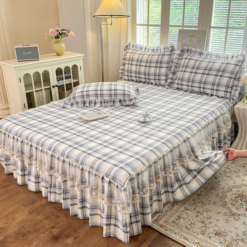 1pc Lace Bed Skirt Stripe Printed Bed Cover 침대스커트 Queen Skirt Style Bed Linen King colcha de cama casal(Pillowcase Need Order)