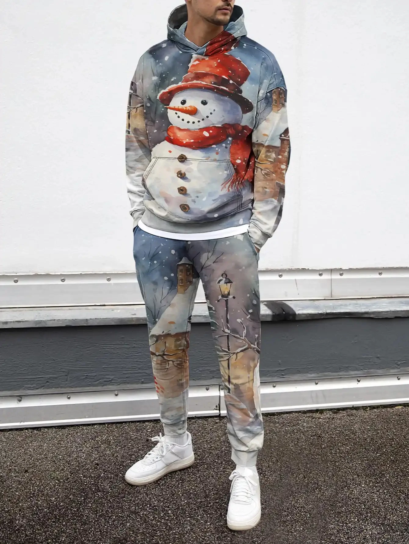 Conjuntos de moletons masculinos com estampa 3D de boneco de neve, moda criativa, design de manga comprida, tops e calças, outono inverno, conjunto de duas peças