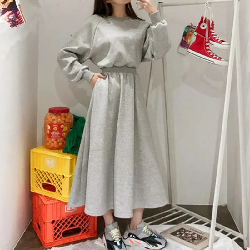 Solid O Neck Long Sleeve Sweatshirt Dresses Elegant Fashion Harajuku Female Clothes Loose Casual Sweat All Match Long Skirt