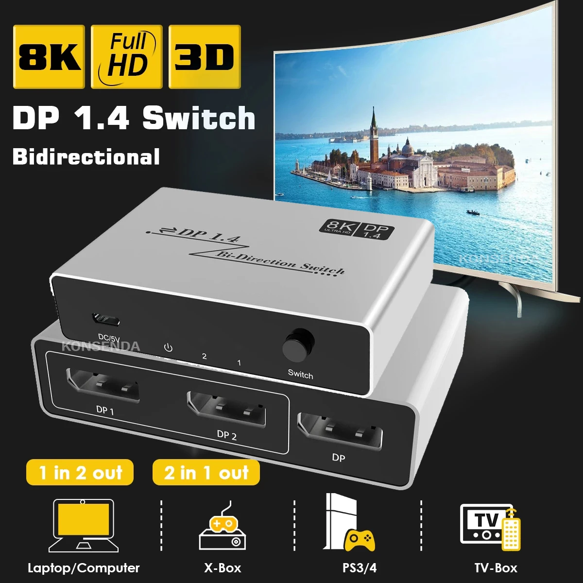 8K Displayport 1.4 Switch 2 in 1 out DP Bi-Direction Switch Converter 2x1/1x2 8K 60Hz HDR DP Switch Displayport Switch Splitter