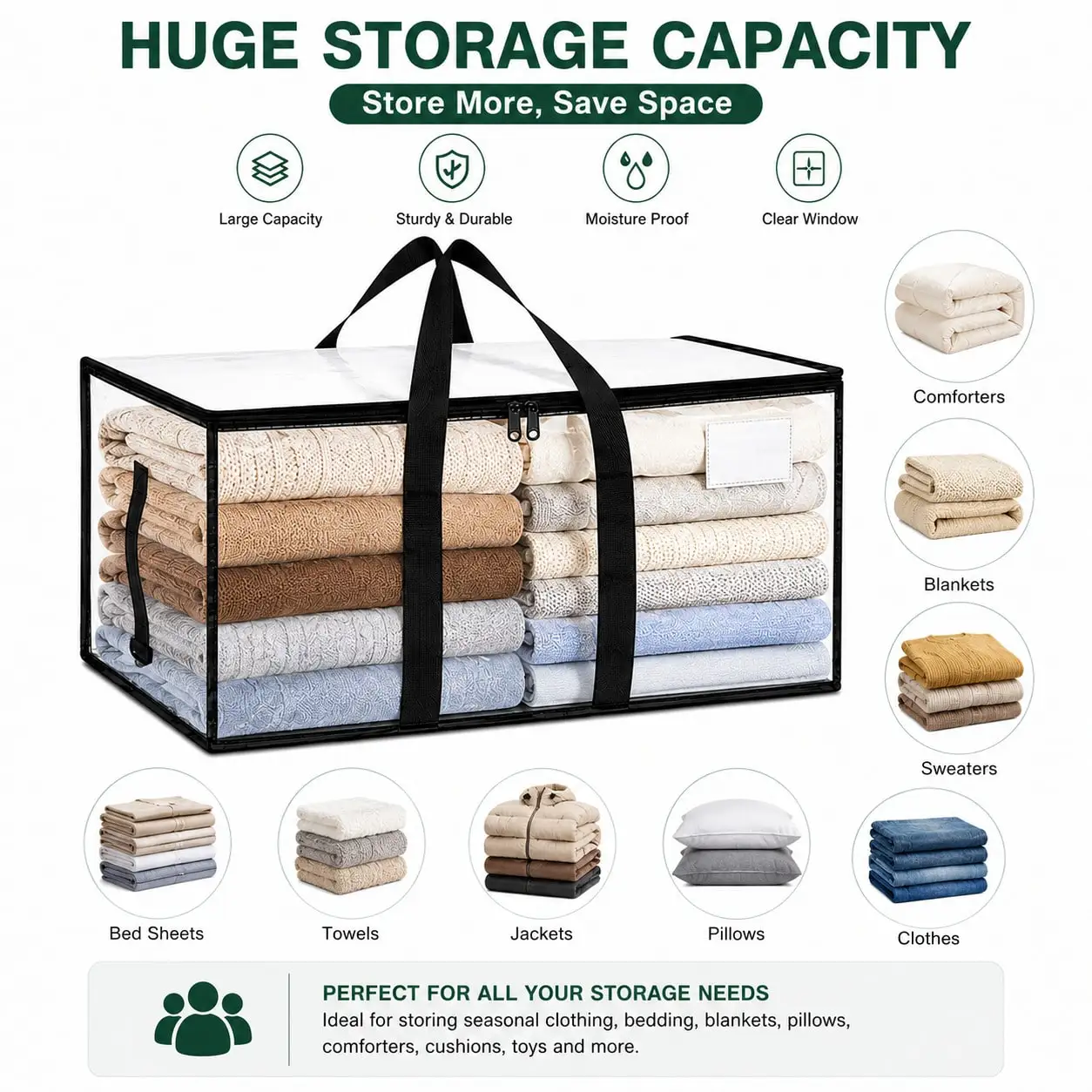 3/6-Pack Large Foldable Storage Bags for Clothes, Blankets & Comforters, Clear Window Zipper Storage Box with Handles, Heavy Duty Clothing Organizer for Bedding, Sweaters, Pillows, Seasonal Home Closet Organization for Bedroom, Closet, Dorm Room